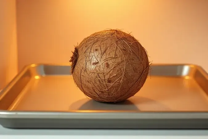 Coco seco inteiro sobre assadeira limpa em composição conceitual que representa o método de abertura no forno com calor suave e controlado.