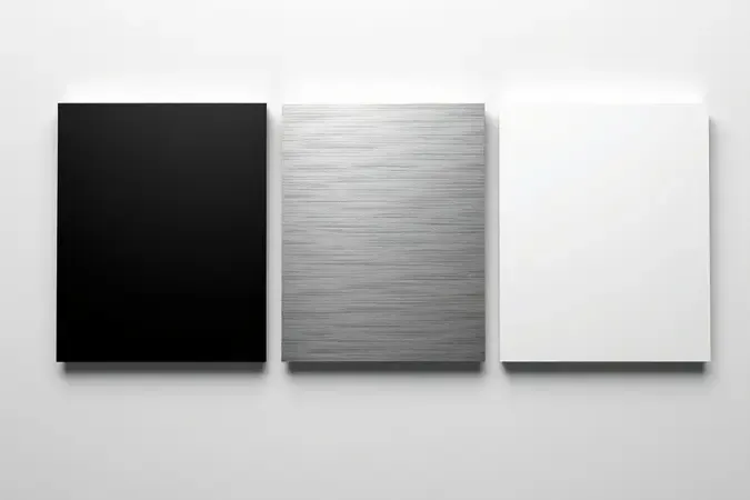 Composição 3D de acabamentos de micro-ondas em preto fosco, aço inox escovado e branco para escolha de design.