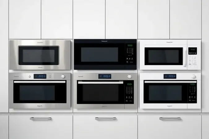Render 3D com três variações de acabamento de micro-ondas de embutir em inox escovado, vidro preto e branco fosco