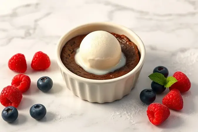 Brownie gourmet servido com sorvete de baunilha, frutas vermelhas frescas e folha de hortelã.