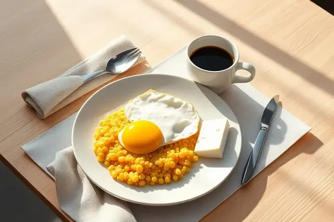 Café da manhã brasileiro completo com cuscuz de milho fofinho, ovo frito com gema dourada, queijo branco e xícara de café.