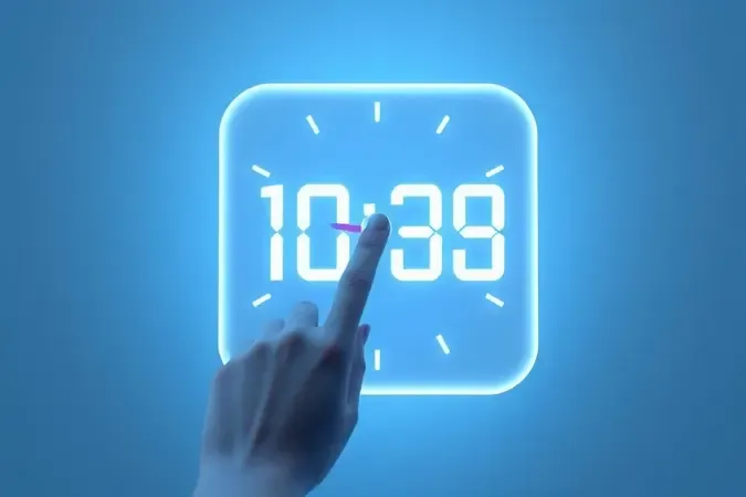 Render 3D conceitual de interface de relógio digital flutuante com toque ajustando os números luminosos