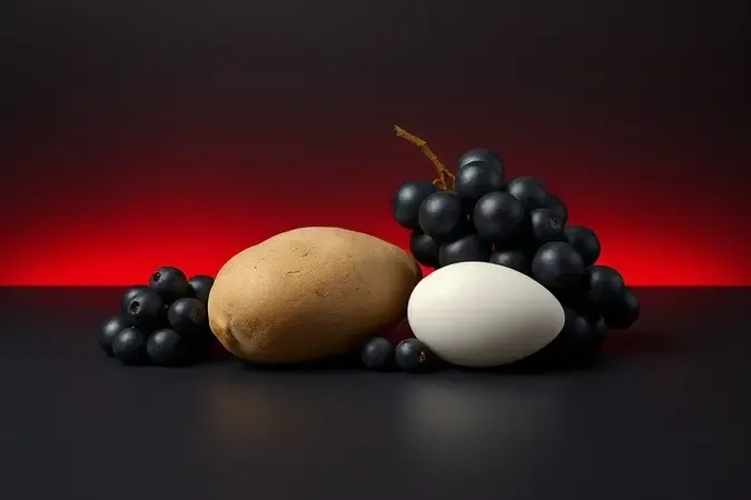 Composição conceitual com batata, uvas e ovo, alimentos que não devem ser reaquecidos no micro-ondas.