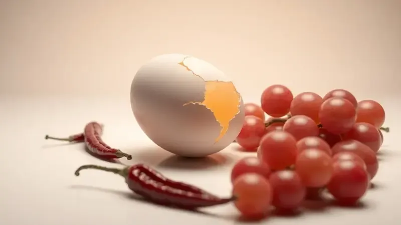 Ovo inteiro, pimentas secas e uvas em render 3D conceitual representando risco de explosão no micro-ondas.