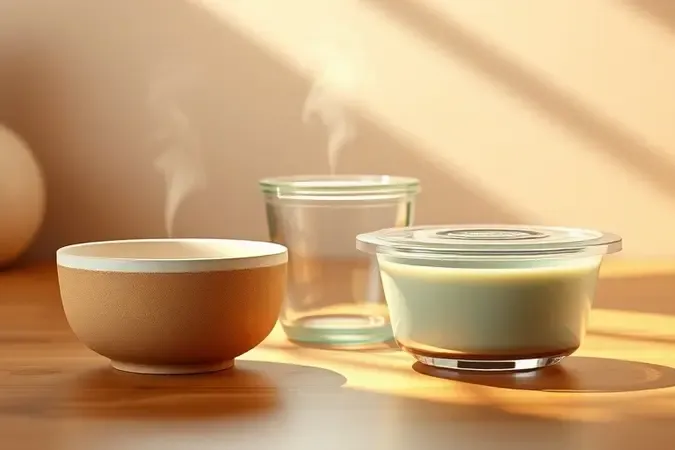 Arranjo de recipientes seguros para micro-ondas em vidro, cerâmica e silicone, com vapor suave indicando alimento recém-aquecido com segurança.