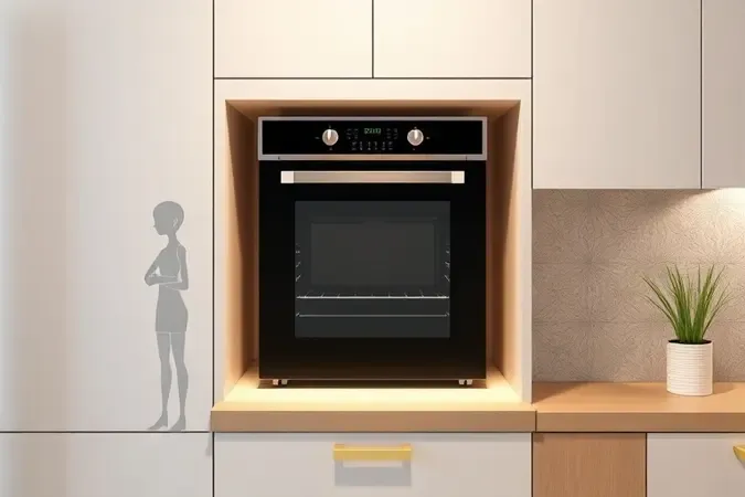 Render 3D ilustrando altura ideal de forno elétrico para ergonomia, evitando esforço físico e promovendo segurança na cozinha.