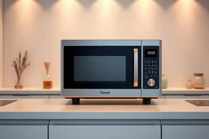 Render 3D conceitual de avaliação de qualidade de micro-ondas multifuncional em cozinha moderna