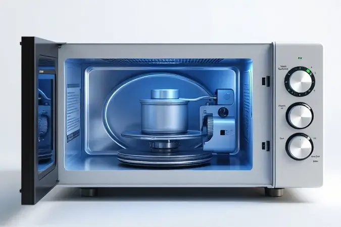 Vista em corte de um micro-ondas mostrando componentes internos como magnetron, capacitor e motor do prato giratório.