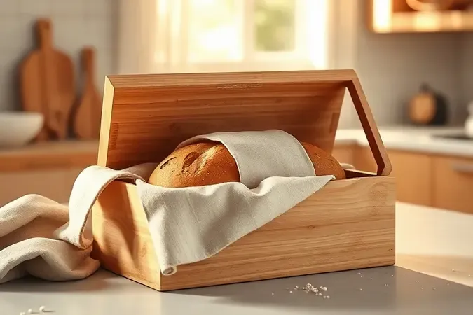 Cena 3D de pão artesanal armazenado em caixa de madeira com tecido de linho, representando armazenamento ideal para manter a maciez.