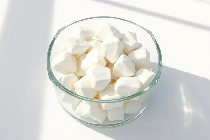 Pedaços frescos de coco branco armazenados em recipiente de vidro transparente sobre superfície minimalista com iluminação natural suave.