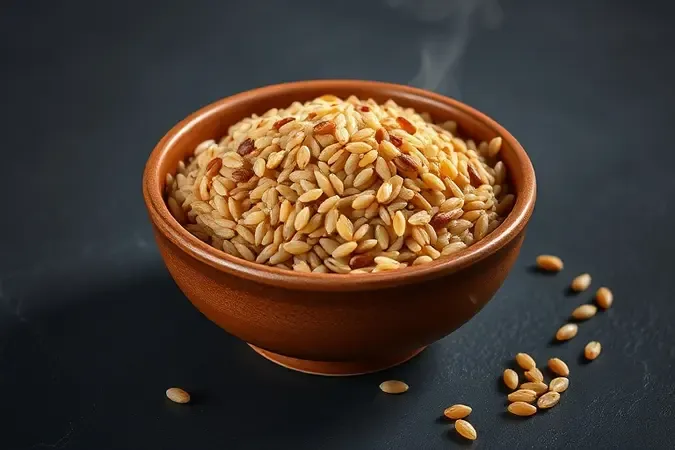 Tigela rústica com arroz integral cozido e vapor sutil sobre superfície escura de ardósia.