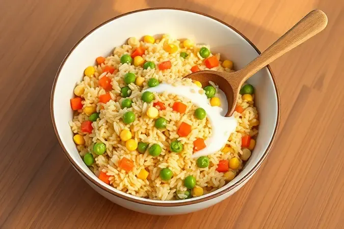 Tigela de arroz colorido com legumes picados e toque de leite de coco em composição fresca e convidativa.