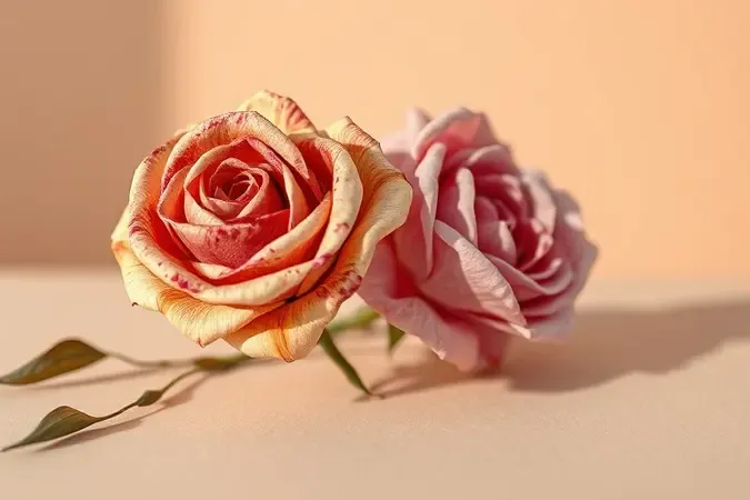 Arte da preservação botânica mostrando rosa fresca e rosa seca lado a lado em composição conceitual