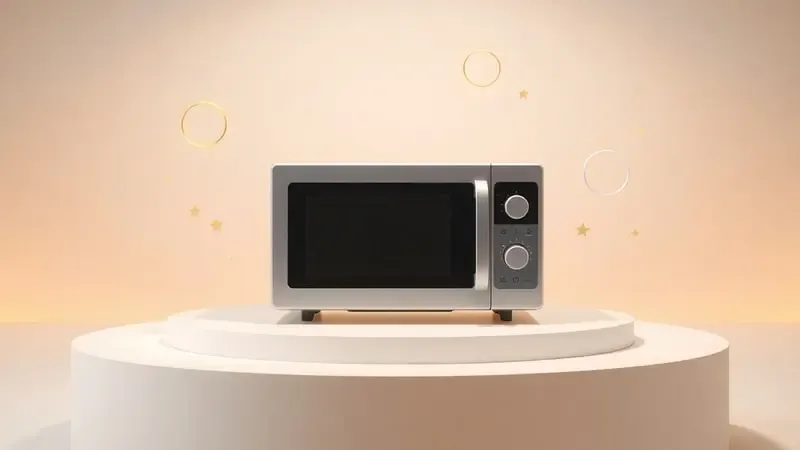 Render 3D conceitual representando avaliação de qualidade de micro-ondas com elementos de reputação