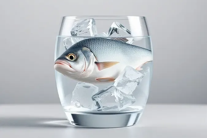 Bacalhau imerso em água cristalina com cubos de gelo em recipiente de vidro, ilustrando a dessalga adequada para resultado perfeito.