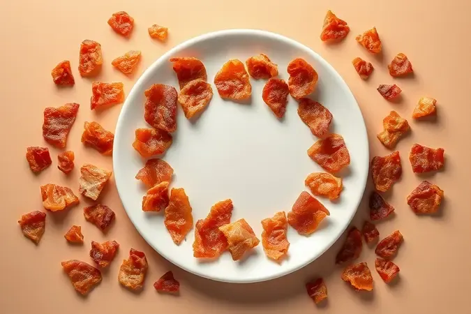 Pedaços de bacon crocante esfarelados artisticamente em prato minimalista, renderização 3D conceitual e sofisticada.