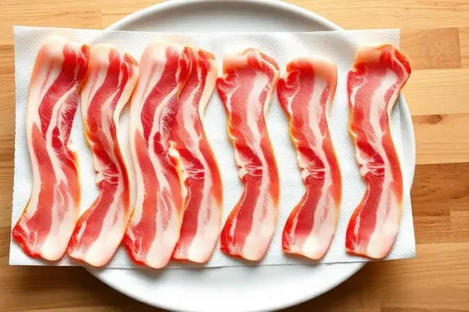 Fatias de bacon cru espaçadas corretamente sobre papel toalha em prato, demonstrando técnica de espaçamento para micro-ondas.