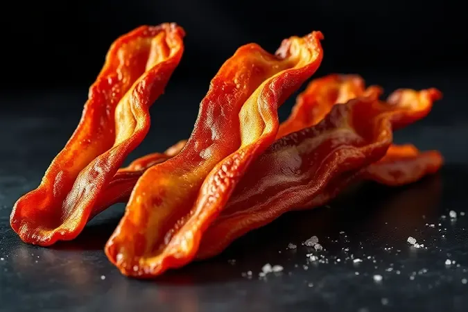 Tiras de bacon extra crocante com textura dourada e ondulada em superfície escura, renderização 3D de qualidade gourmet.