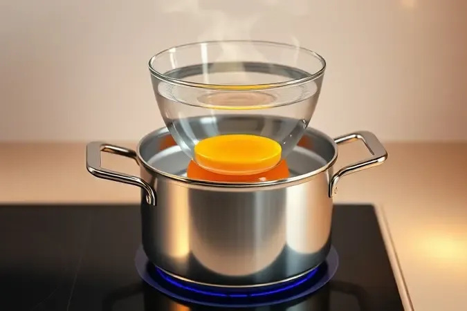 Configuração de banho-maria com tigela de vidro sobre panela e cera de abelha derretendo com vapor suave.