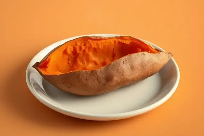 Batata-doce assada aberta ao meio com interior macio alaranjado pronta para receber recheios criativos