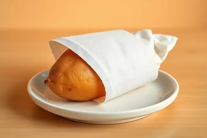 Batata-doce inteira envolvida em papel toalha úmido para técnica de cozimento no micro-ondas