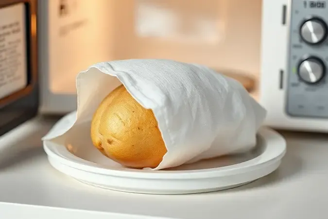 Batata inglesa envolta em papel toalha levemente úmido sobre superfície cerâmica, técnica para textura perfeita no micro-ondas.