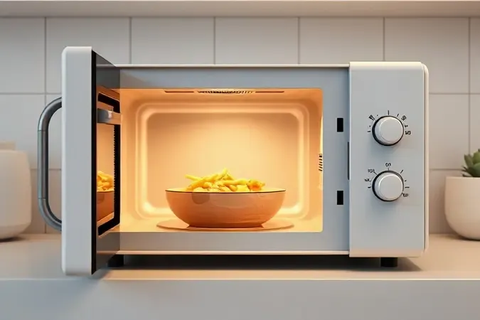 Micro-ondas moderno com porta entreaberta revelando tigela de macarrão, simbolizando praticidade e rapidez na cozinha.