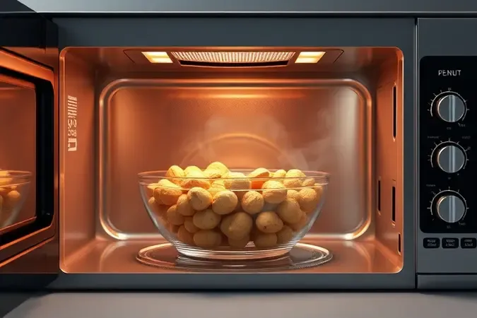 Comparação conceitual entre métodos de torra de amendoim destacando a eficiência do micro-ondas em renderização 3D