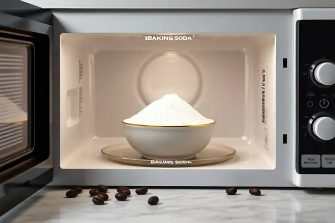 Tigela de cerâmica com bicarbonato de sódio dentro de micro-ondas para absorver cheiro de queimado e pipoca.