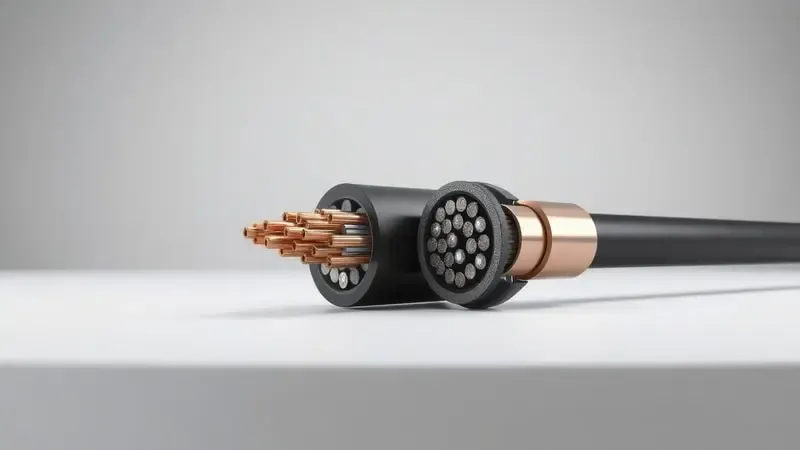 Render 3D comparando seção transversal de cabos elétricos com bitolas diferentes, fino inadequado e grosso adequado.