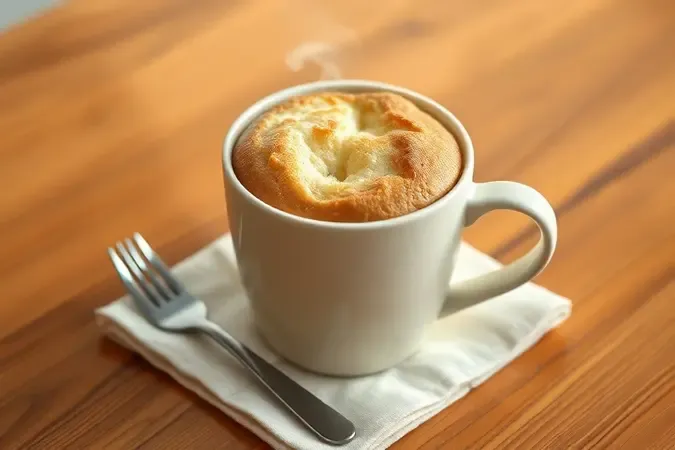 Bolo de caneca fofinho com vapor subindo em render 3D conceitual simbolizando solução individual rápida.