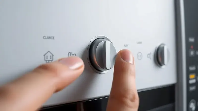 Close do painel de controle de micro-ondas com dedo indicando botão de ajuste do relógio