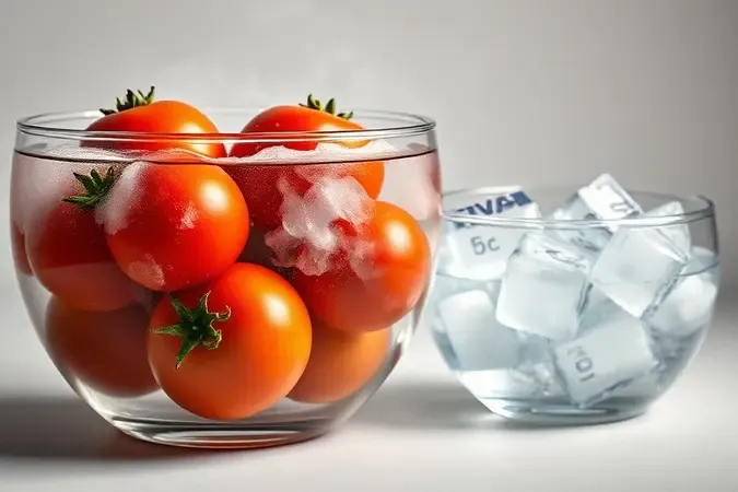 Tomates sendo branqueados em água quente com tigela de gelo ao lado, técnica clássica para pelar tomates.