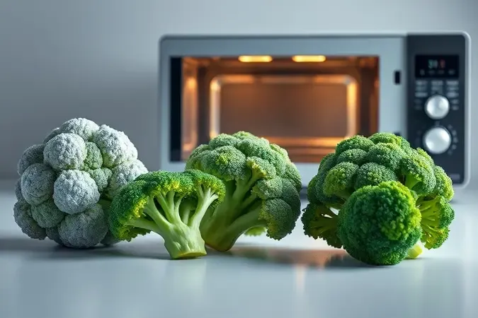 Transformação do brócolis congelado com cristais de gelo até o brócolis cozido no vapor verde e vibrante no micro-ondas.