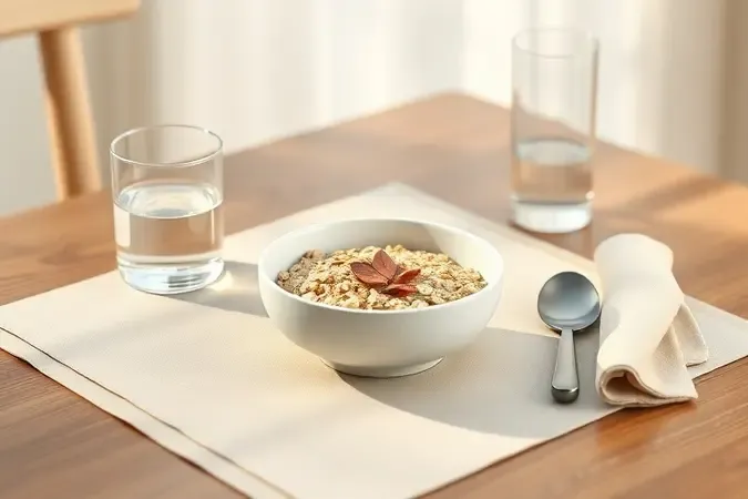 Café da manhã saudável com mingau de aveia em mesa posta minimalista com luz matinal suave e aconchegante.