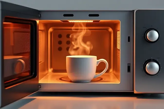 Xícara de café saindo de micro-ondas representando café de qualidade em render 3D conceitual.