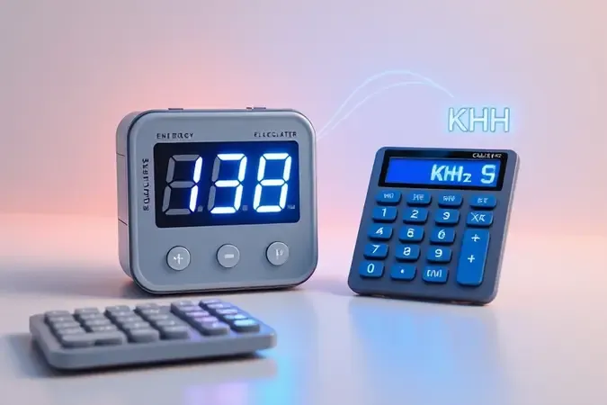 Renderização 3D conceitual de medidor de energia digital e calculadora moderna representando o cálculo de kWh na conta de luz.