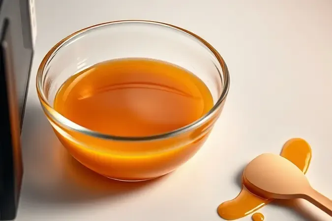 Tigela de vidro com calda de caramelo dourada borbulhando em renderização 3D conceitual.