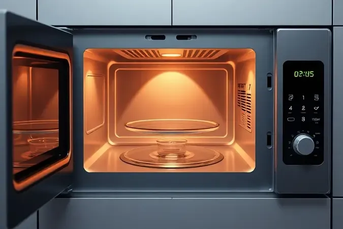 Render 3D do interior espaçoso de micro-ondas de embutir com prato giratório e iluminação interna suave e moderna