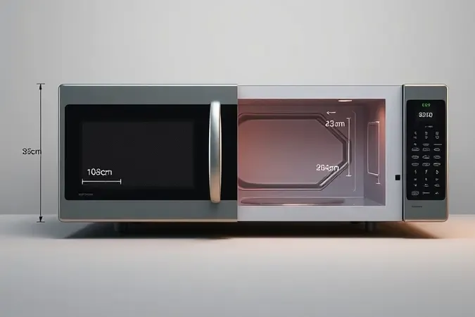 Renderização 3D comparando dimensões externas sólidas e interior translúcido de micro-ondas destacando diferença entre tamanho e capacidade real.