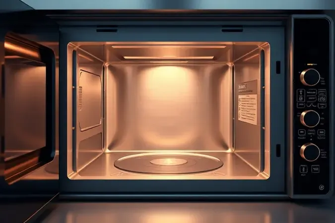 Visualização 3D da cavidade interna espaçosa de micro-ondas industrial com paredes metálicas e iluminação suave.