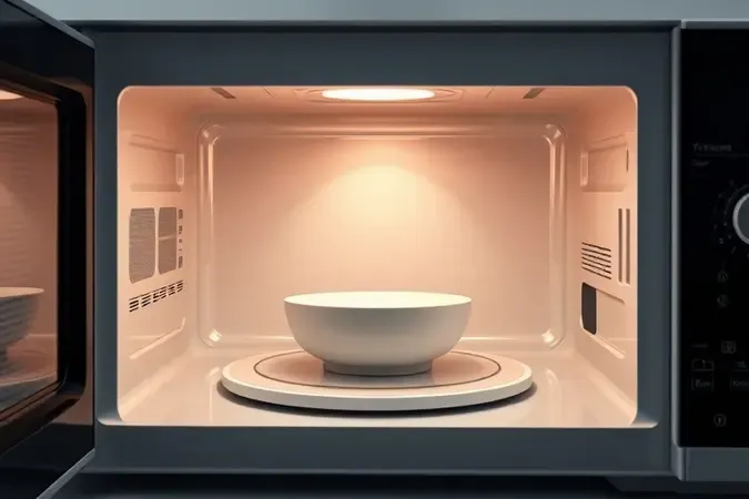 Render 3D do interior espaçoso de micro-ondas com prato giratório de cerâmica e iluminação suave destacando a capacidade real