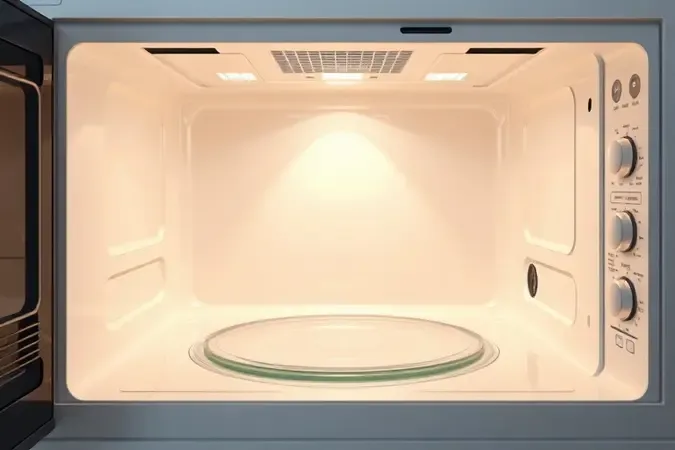 Interior de micro-ondas vazio com prato giratório em renderização 3D destacando espaço interno amplo