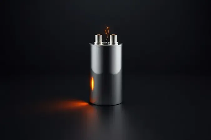 Renderização 3D conceitual de capacitor de alta tensão de micro-ondas com efeito de faísca elétrica alertando sobre perigo.