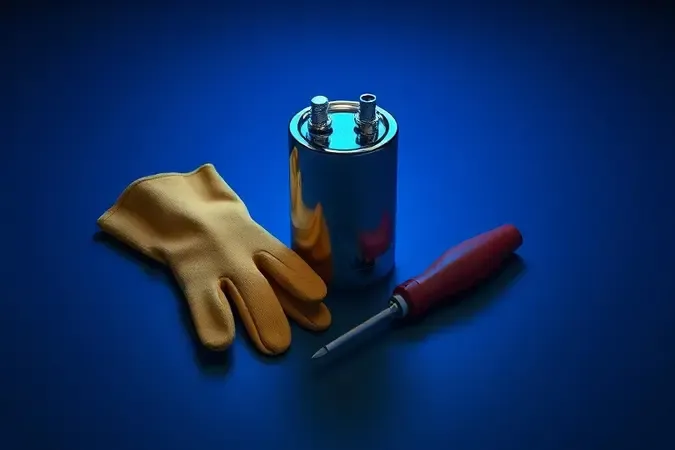 Renderização 3D conceitual de capacitor de alta voltagem com luvas e chave isolada, representando segurança em reparos elétricos.