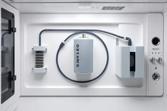 Renderização 3D conceitual mostrando capacitor cilíndrico como componente central do sistema de alta tensão de um micro-ondas, com magnetron e transformador ao redor.