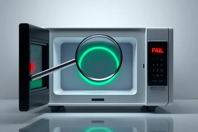 Render 3D minimalista com lupa sobre painel de micro-ondas e indicadores luminosos, representando checklist de diagnóstico de problemas.