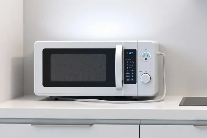 Renderização 3D conceitual de micro-ondas desligado com foco em segurança elétrica e verificação da tomada na cozinha.