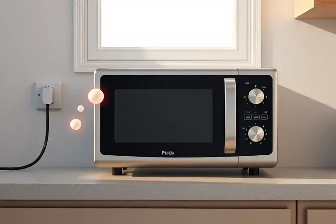 Micro-ondas conectado à tomada com indicadores luminosos flutuantes representando etapas de verificação antes do reparo.