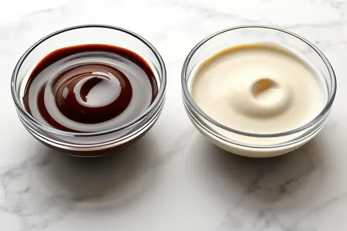 Duas tigelas com chocolate branco e chocolate preto derretidos lado a lado em renderização 3D conceitual.